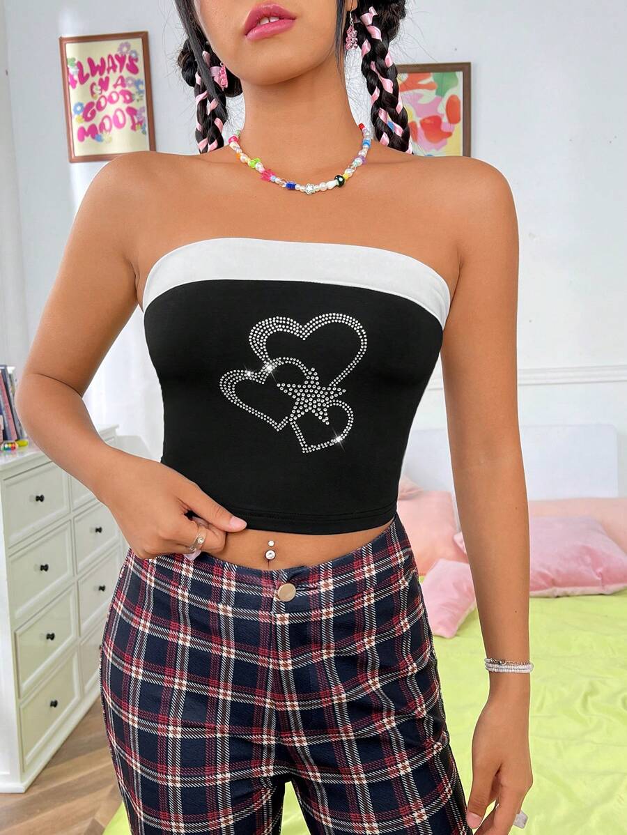 SHEIN Qutie Pha lê Hình trái tim Ống ngọn - Đen và trắng - Xem 1