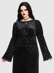 ROMWE PUNK Plus Lace Trim Velvet Tee - Black - View 5