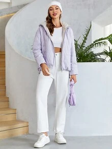 Cinemore 落肩抽绳下摆连帽夹棉大衣 - 紫色 - 查看 5