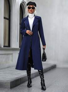 SHEIN LUNE Zip Up Slant Pocket Longline Coat - Navy Blue - View 5