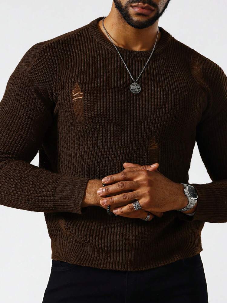 Manfinity LEGND 男款實心撕破滴肩毛衣 - 咖啡棕 - 查看 3