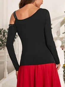 SHEIN Clasi Cổ không đối xứng Rhinestone Chi tiết Áo thun - màu đen - Xem 2