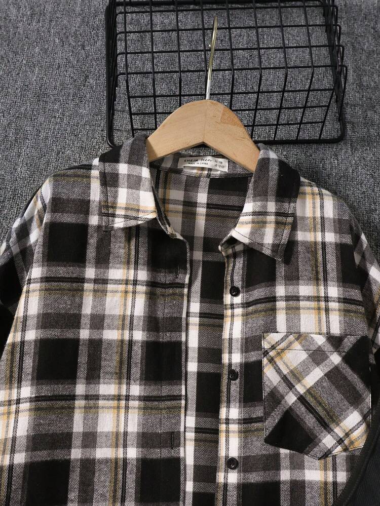 Teen Girl Plaid Print Shirt & Tank Top & Shorts