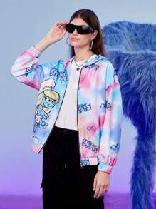 SHEIN X The Smurfs Tie Dye Letter Graphic Drop Shoulder Hooded Jacket - Multicolor - View 4