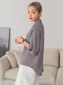 DAZY Camisa unicolor con bolsillo delantero de hombros caídos - Púrpura polvoriento - Ver 5