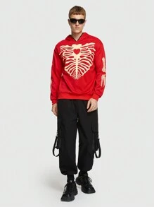 ROMWE MEN ROMWE Avant Guys Skeleton Print Hoodie, Halloween - Red - View 2