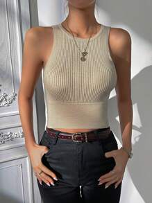 SHEIN Privé Solid Ribbed Knit Crop Knit Top - Apricot - View 1