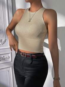 SHEIN Privé Solid Ribbed Knit Crop Knit Top - Apricot - View 4