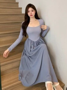 DAZY Chất rắn Viền không đối xứng Váy Dây Với Bolero Shrug Top - Màu xanh bụi bặm - Xem 6