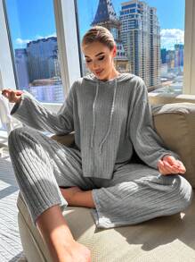 Drop Shoulder Drawstring Hooded Lounge Set - Grey - View 6
