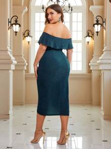 SHEIN Belle Talla grande Vestido brillante de hombros descubiertos ribete con fruncido fruncido - Verde Oscuro - Ver 2