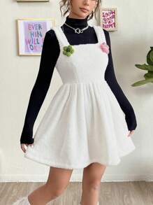 SHEIN MOD Appliques Detail Overall Dress Without Tee - White - View 1