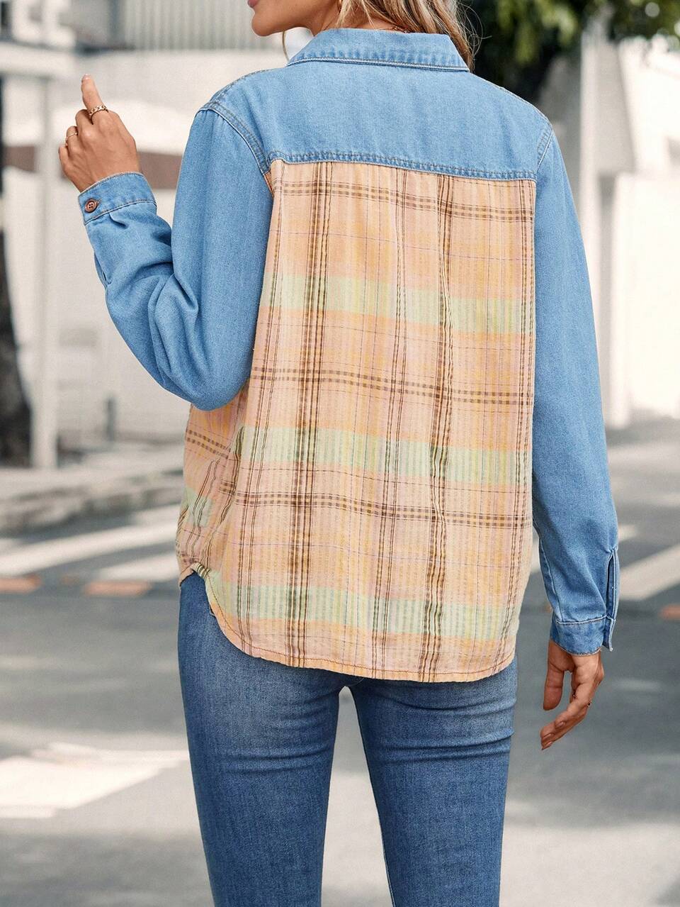 Plaid Print Flap Pocket Denim Shirt