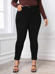 SHEIN Frenchy 加大码紧身牛仔裤 - 黑色 - 查看 3