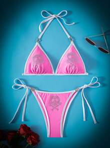 骷髏印花綁頸側系比基尼套裝 - 粉色 - 查看 1