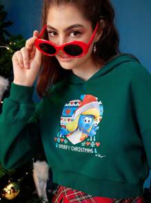 SHEIN X The Smurfs Cartoon & Slogan Graphic Drop Shoulder Hoodie - Green - View 5