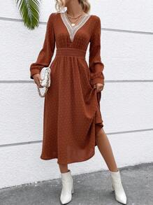 SHEIN VCAY 圓點水溶蕾絲拼接燈籠袖洋裝 - 鏽棕色 - 查看 3