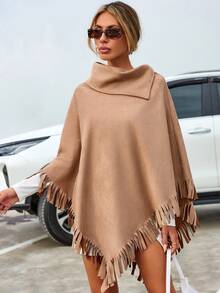 EURMUSE Solid Fringe Trim Asymmetrical Hem Cape Coat - Camel - View 5