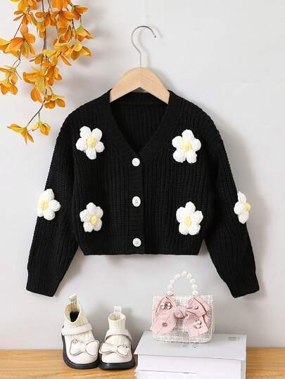 SHEIN Elladie kids Cardigan cu nasturi cu aplicații 3D pentru fetiță