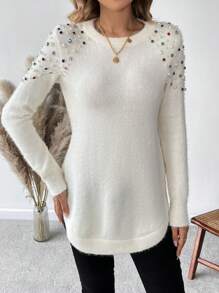 SHEIN LUNE Faux Pearls Beaded Raglan Sleeve Curved Hem Knit Pullover Fall Winter Sweater - White - View 4