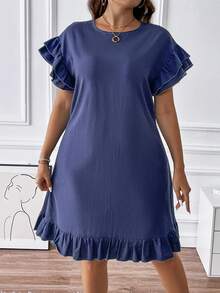 Celure Plus Solid Ruffle Trim Dress - Blue - View 4