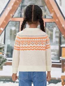 年輕女孩地理圖案插肩袖毛衣 - 橘色 - 查看 3