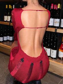 素色開口針法緊身毛衣洋裝不附帶內衣褲套裝 - 酒紅色 - 查看 2