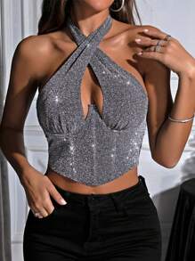Zolique Glitter Cross Wrap Tied Backless Halter Top - Silver - View 3