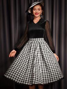 SHEIN DECDS Contrast Mesh Lantern Sleeve Velvet Blouse - Black - View 5