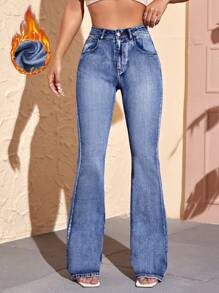 SHEIN Essnce 拉絲織物保暖高腰牛仔喇叭褲 - 藍色 - 查看 4