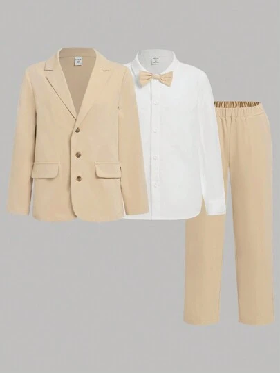 SHEIN 男大童素色西裝外套&前蝴蝶結襯衫和褲子