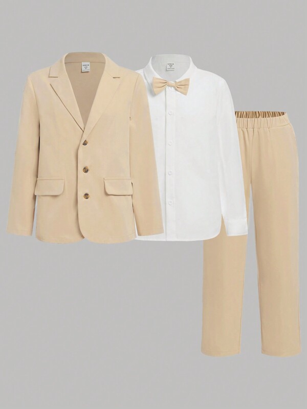 SHEIN Tween Boy Solid Blazer & Bow Front Shirt & Pants