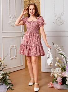 SHEIN Teen Girl Ditsy Floral Print Ruffle Hem Dress - Dusty Pink - View 4