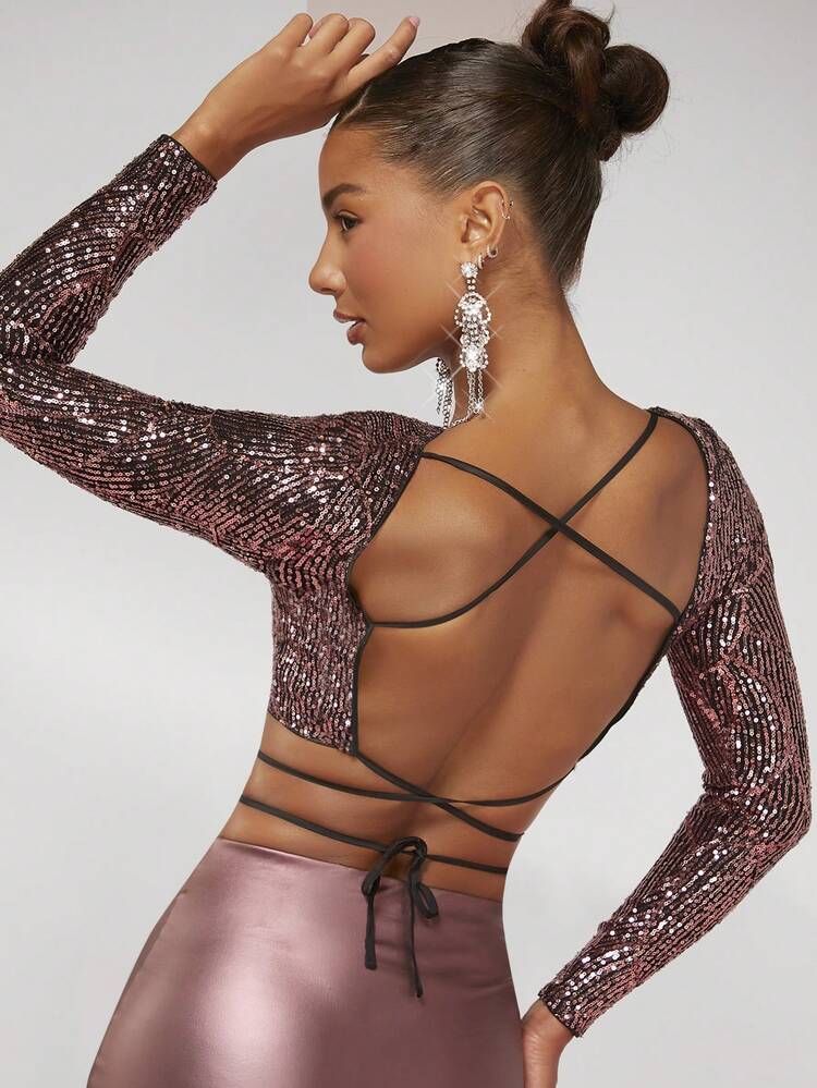 Christmas Crisscross Tie Back Sequin Crop Top