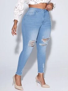 SHEIN SXY Plus High Waist Ripped Raw Hem Skinny Jeans - Light Wash - View 3