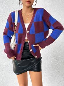 SHEIN Essnce Hoa văn kẻ sọc Thả vai Áo len Mở - Đỏ - Xem 1