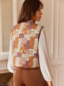 SHEIN Frenchy 秋冬拼布印花撞色绑带背心棉服外套 - 彩色 - 查看 3