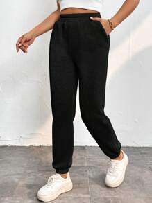 SHEIN PETITE Solid Slant Pocket Sweatpants - Black - View 1