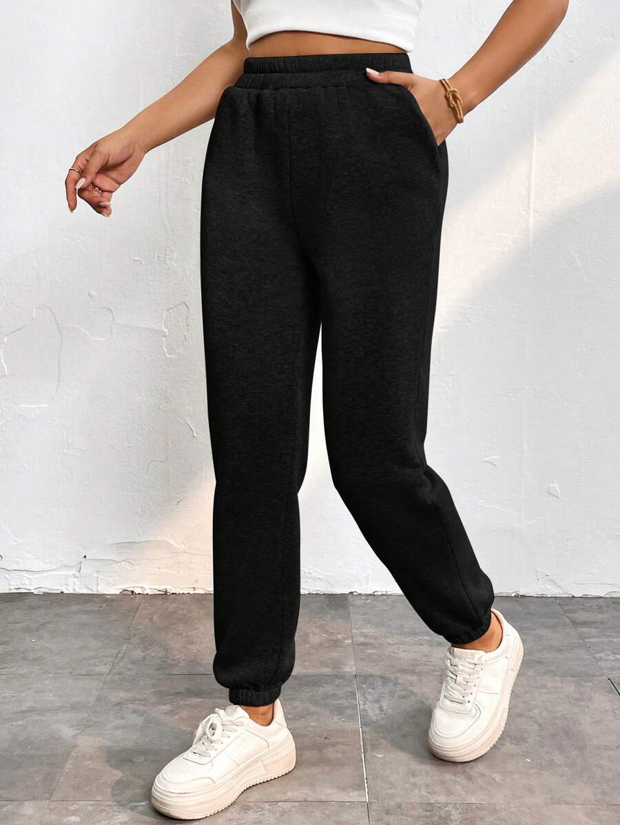 SHEIN PETITE Solid Slant Pocket Sweatpants - Black - View 1