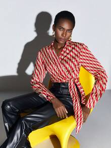 BizChic Allover Print Knot Side Wrap Blouse - Red - View 5