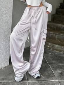 DAZY Flap Pocket Side Drawstring Waist Cargo Pants - Grey - View 3