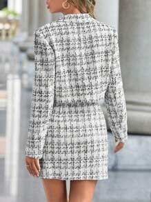 SHEIN Privé Plaid Pattern Tweed Crop Blazer & Split Hem Skirt - Black and White - View 2