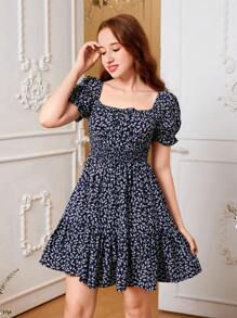 SHEIN 青少年女孩碎花泡泡袖荷葉邊洋裝 - 藏蓝色 - 查看 5