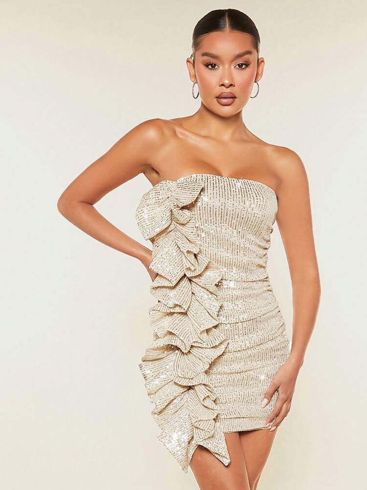 Christmas Ruffle Trim Sequin Tube Bodycon Dress