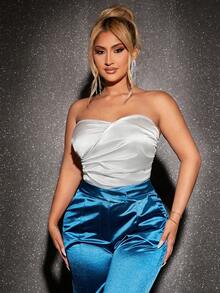 SHEIN SXY Ruched Side Asymmetrical Hem Satin Tube Top - White - View 6