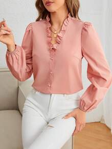 SHEIN Frenchy Frill Trim Lantern Sleeve Blouse - Pink - View 1