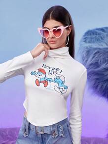 SHEIN X The Smurfs Cartoon Graphic High Neck Tee - White - View 1