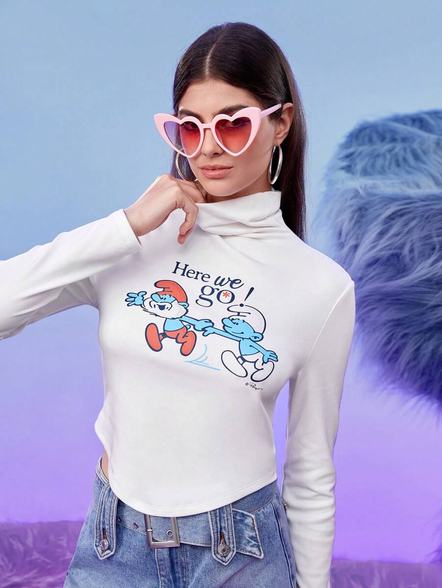 SHEIN X The Smurfs Cartoon Graphic High Neck Tee - White - View 1
