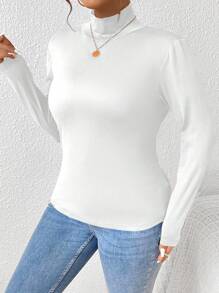 SHEIN CURVE+ Camiseta de punto de cuello alto ajustada de talla grande de color liso acanalado