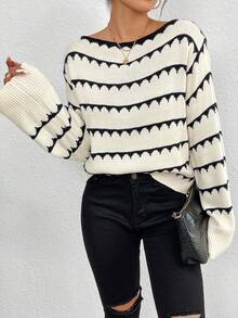 SHEIN Frenchy Mẫu sọc Thả vai Áo len - Màu be - Xem 7